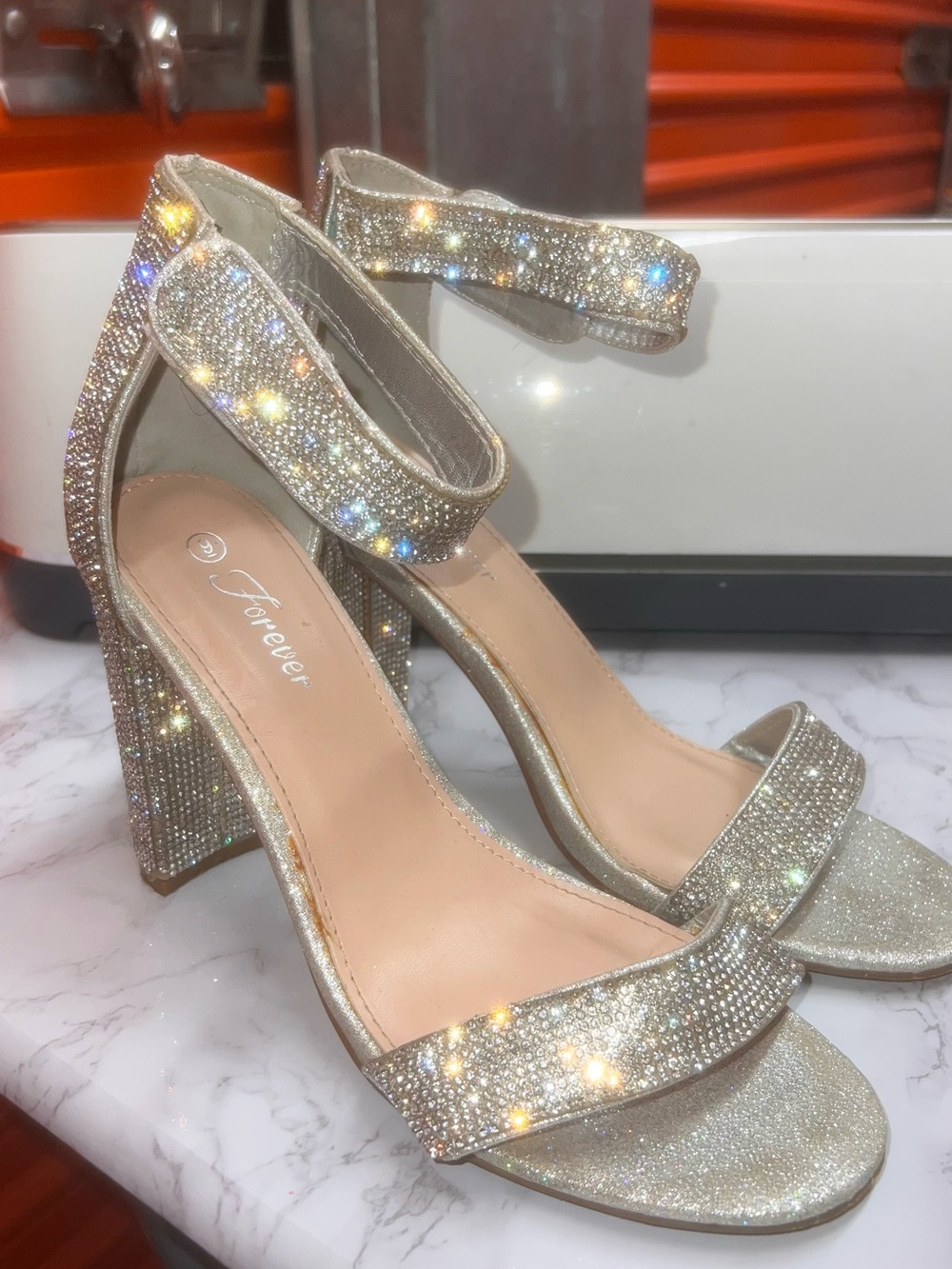 Sparkling Silver Rhinestone Block Heel Sandals